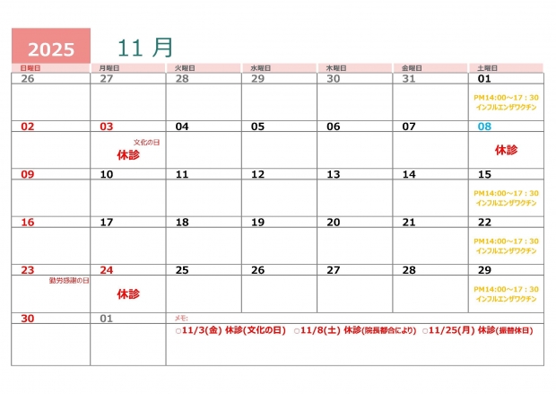 診療予定表11月