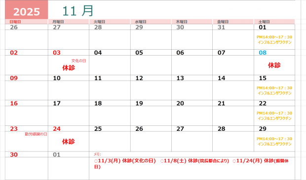 診療予定表11月